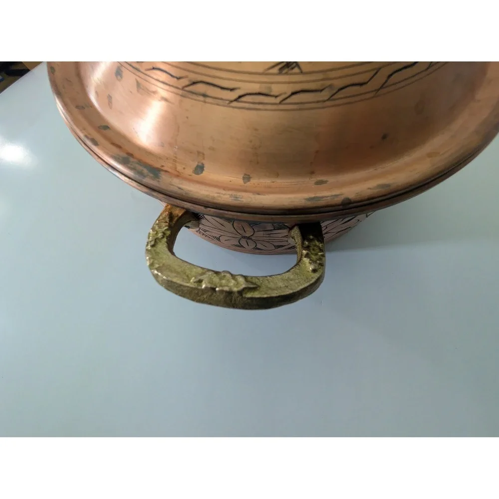 Vintage Vissmarta Hand Hammered Copper Pot Etched Floral Brass Handles Lid 9.5